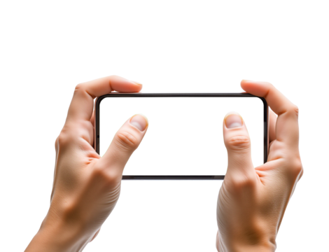 Pair of hands holding a black smartphone  on transparent background