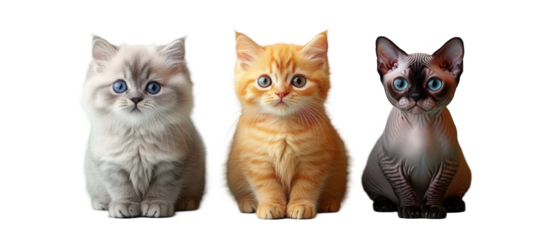 Three adorable kittens of different breeds sitting side by side, showcasing their unique colors and expressions
