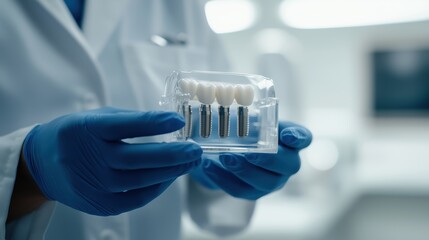 Dental professional demonstrates dental implants in a modern clinic during a consultation session