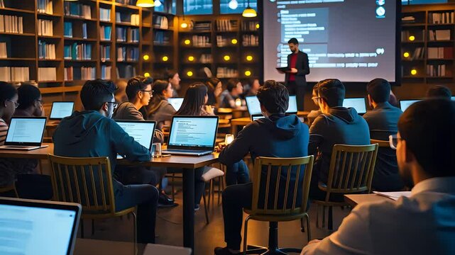Instructor leading coding class with students at laptops in cozy library, projector screen showing code, warm lighting, collaborative tech education setting