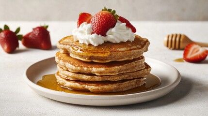 A stack of whole wheat pancakes with honey, fresh strawberries, and whipped cream. Featuring indulgence and breakfast