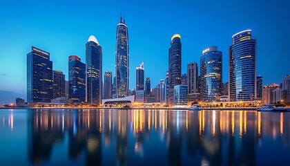 Obraz premium Magnificent skyline of a modern city, buildings reflecting on the water at dusk. The city is filled with contemporary architecture and glowing lights