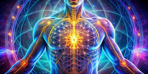 A vivid illustration showcases the human body illuminated by radiant energy patterns, highlighting the connections between physical and spiritual aspects. The image emphasizes harmony and balance