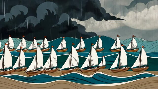 Animated sail boats armada sailing across the wavy ocean through a storm in cartoon style