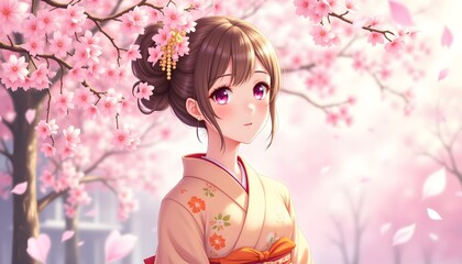 Fototapeta premium Anime style painting of a young woman wearing a soft apricot kimono with sakura flower patterns. She stands beneath a blooming cherry blossom tree, petals gently falling around her