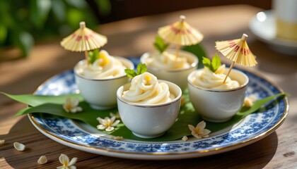 Fototapeta premium An elegant presentation of Khanom Tuay, miniature coconut milk custards in ceramic cups with a soft, jiggly top