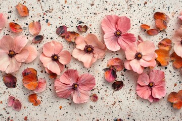 Delicate Pink Flowers and Petals Arranged on a Textured Surface for Artistic Display and Inspiration