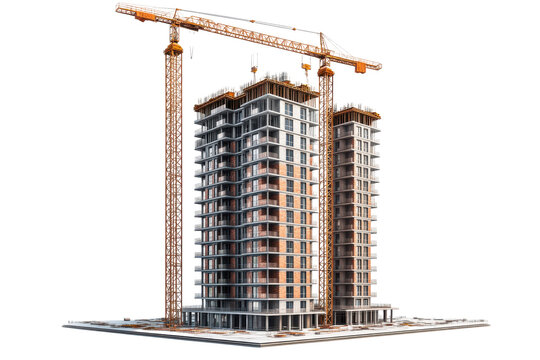 Modern highrise building under construction two cranes active site development, isolated on transparent background