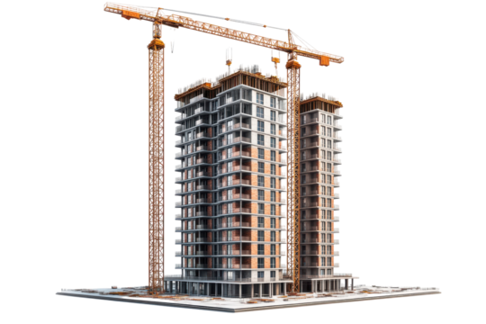 Modern highrise building under construction two cranes active site development, isolated on transparent background