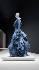 Ballgown made of deconstructed denim jackets, raw seams, on rotating pedestal in dark gallery. Ironic elegance meets DIY chaos. Generative AI