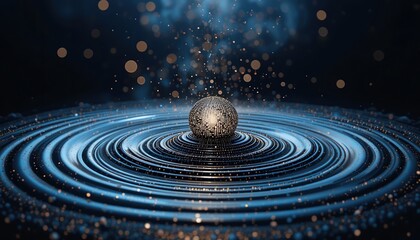 Fototapeta premium Dynamic ripple effect with glimmering sphere abstract digital art scene dark environment close-up view conceptual visualization