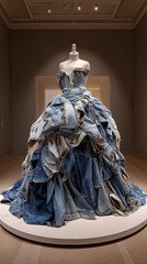 Ballgown made of deconstructed denim jackets, raw seams, on rotating pedestal in dark gallery. Ironic elegance meets DIY chaos. Generative AI