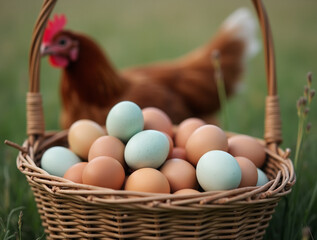 Basket of colorful organic chicken eggs on green grass in the chicken farm