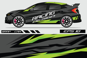 Racing car wrap design featuring sleek black and green graphics with dynamic patterns