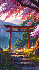 Mountaintop Shrine at Sunrise with Torii Gate