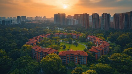 Obraz premium Circular buildings amidst trees under golden sunset, city in backdrop