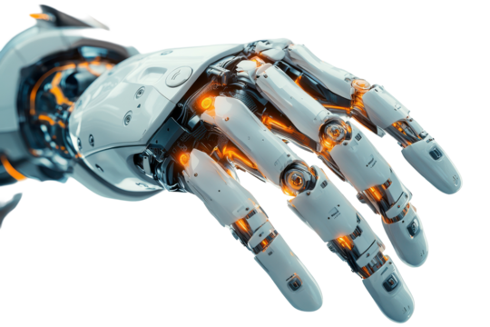 Advanced Robotic Hand Futuristic Technology White Orange Glowing Details isolated on transparent background - Powered by Adobe