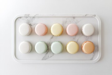 A tray of assorted French macarons in pastel colors. Featuring elegance and sweetness