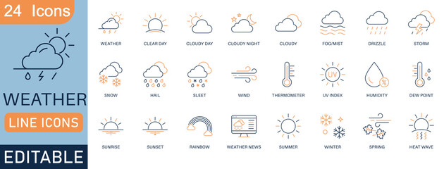 Weather line icons set with symbols for forecast, temperature, rain, snow, storm, UV index, wind, humidity, and seasons. Editable vector for weather apps, reports, and digital interfaces.
