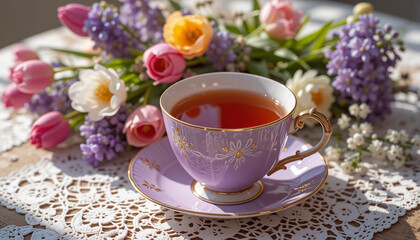 Tea table decorated with beautiful flowers and a teacup