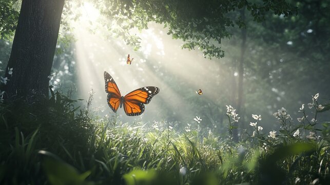 Beautiful monarch butterflies flying in a sunlit forest meadow nature scene wallpaper background stock photo