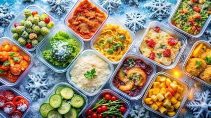 Frozen Ready Meals: Overhead View of Frost-Covered Lasagna, Curry & Stir-fries