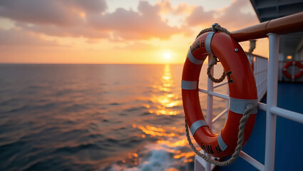 Safety at Sea: Sunrise Lifebuoy on a Cruise Ship Deck