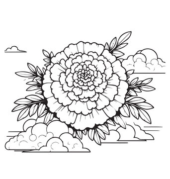 black and white peony flower with clouds clip art preview
