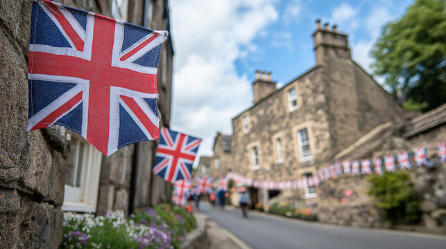 Traditional village fair during Summer Bank Holiday in England, colorful bunting, local stalls, smiling people, vintage British charm 