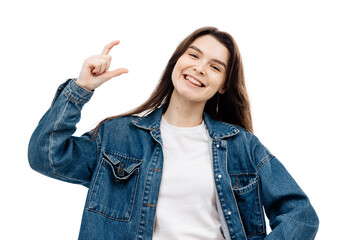 Portrait of a happy woman in stylish clothes, laughing with a white smile, showing a small size...