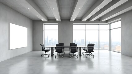 Modern corporate office with large blank framed poster on grey wall