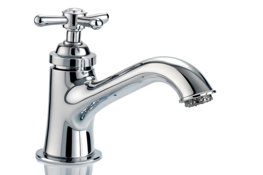 Shiny chrome faucet with running water png isolated on transparent background