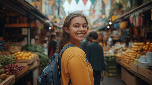 Traditional village fair during Summer Bank Holiday in England, colorful bunting, local stalls, smiling people, vintage British charm
