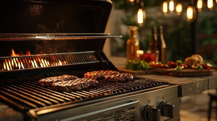 Delicious Grilled Steaks on a Backyard BBQ Grill under Warm Evening Lights