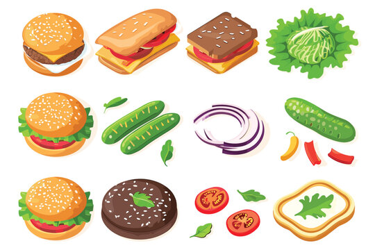 Healthy sandwiches collection isolated on white background. Vector illustration. Set of fresh panini with meat, chease and vegetables from different bread types.