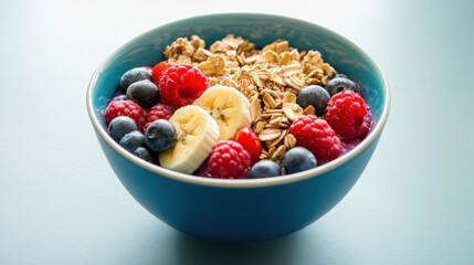 A vibrant bowl of acai topped with granola, banana, and berries. Featuring freshness and energy