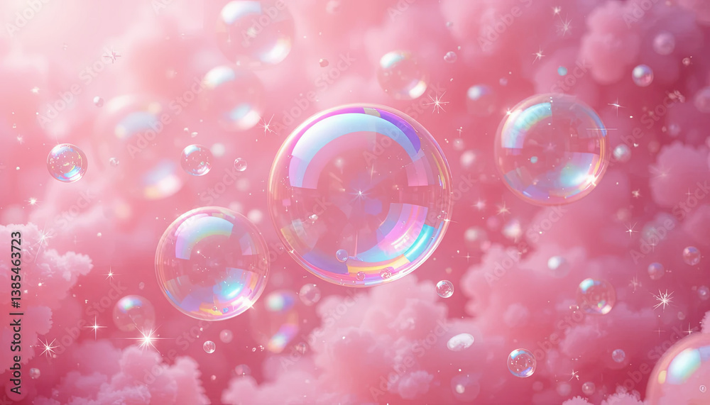 Poster delicate soap bubbles drift through a soft pink atmosphere filled with fluffy clouds, creating a pla