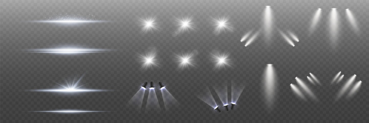 Set of realistic light flashes and light source. Spotlight and lines light.