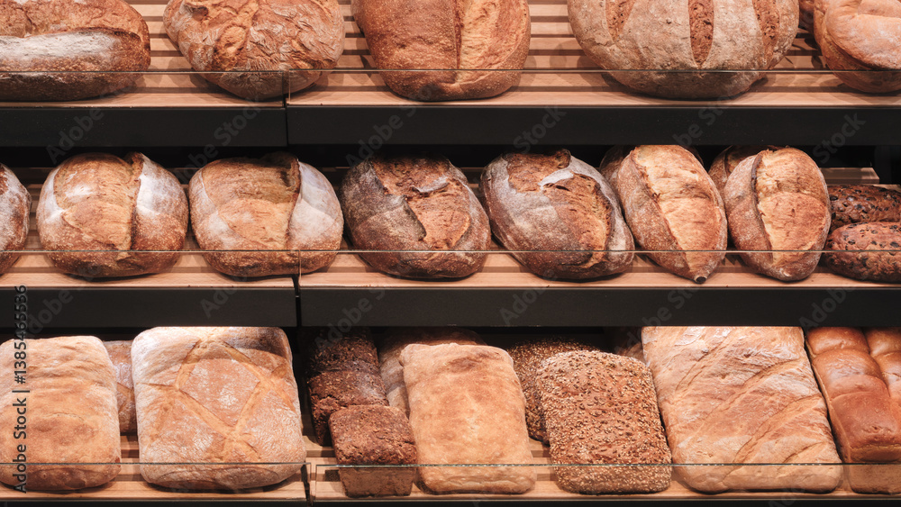 Poster Breads on the shelf in the market or bakery.  bakery with many different types of bread on display. bread is arranged in rows and there are many different types of bread to choose from