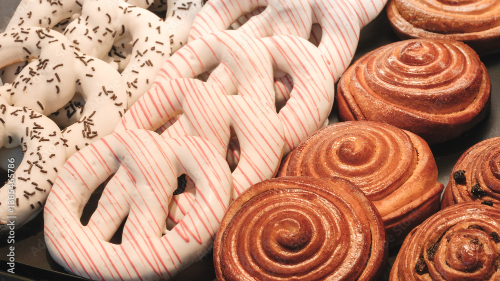 Poster A row of pastries with a white stripe on them. The pastries are arranged in a row and include cinnamon rolls, doughnuts, and waffle cookies