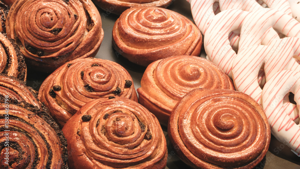 Poster A row of pastries with a white stripe on them. The pastries are arranged in a row and include cinnamon rolls, doughnuts, and waffle cookies
