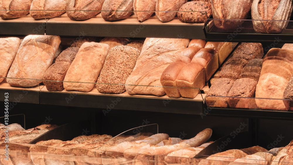 Poster Breads on the shelf in the market or bakery.  bakery with many different types of bread on display. bread is arranged in rows and there are many different types of bread to choose from.