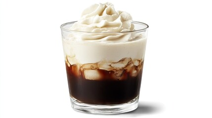 Fluffy whipped cream swirled on top of iced coffee in glass cup