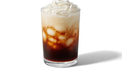 Fluffy whipped cream swirled on top of iced coffee in glass cup
