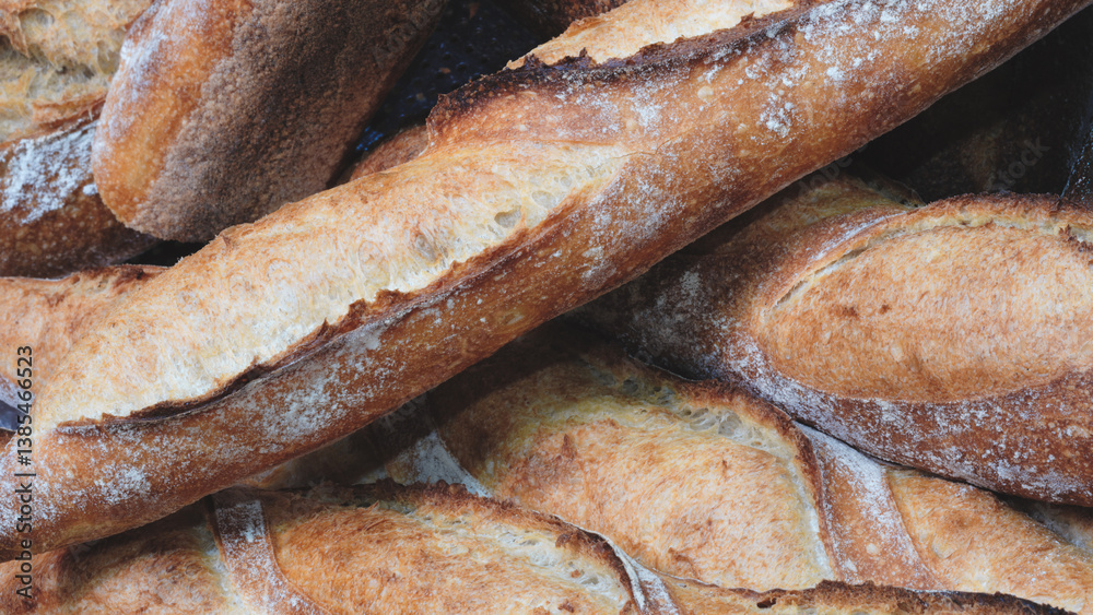 Poster A stack of bread loaves with a few of them being slightly burnt. The bread is brown and has a crispy texture