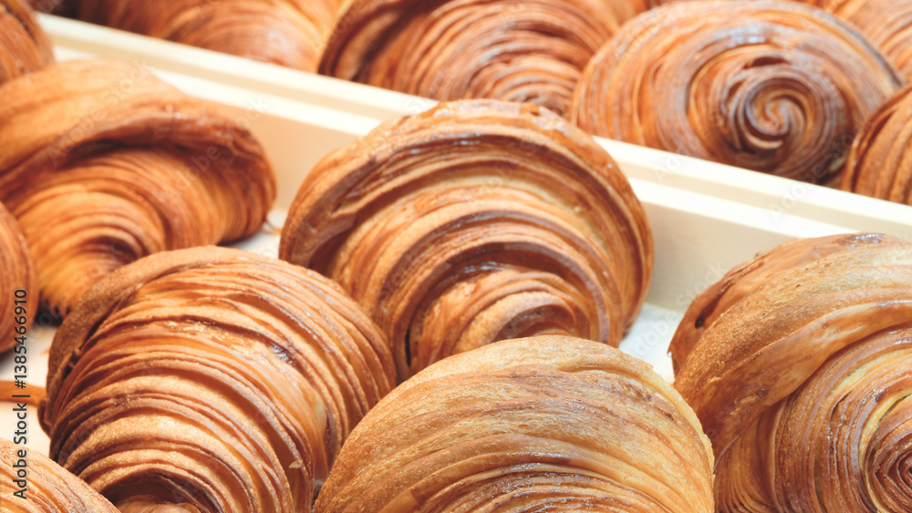 Poster A row of croissants are displayed in a bakery. croissants are golden brown and have a flaky, buttery texture. display is arranged in a way that highlights the variety of shapes