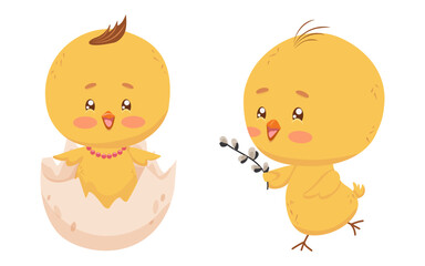 Cute yellow chick carrying sprig of willow to hatched female chick. Vector isolated characters. Texture color drawing. Traditional Easter and Palm Sunday. Children friendship design