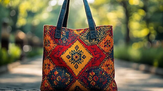 Colorful tote bag outdoors, park background, casual, for daily use