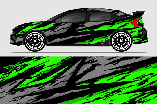 Vibrant green and black car wrap design showcasing a sporty vehicle with dynamic patterns