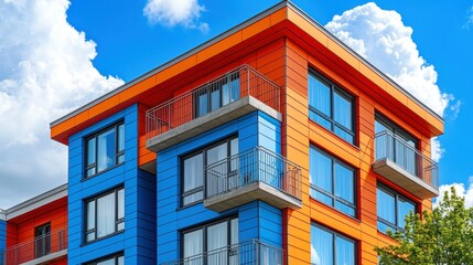 Obraz premium Colorful building with blue and orange panels under bright, cloudy sky